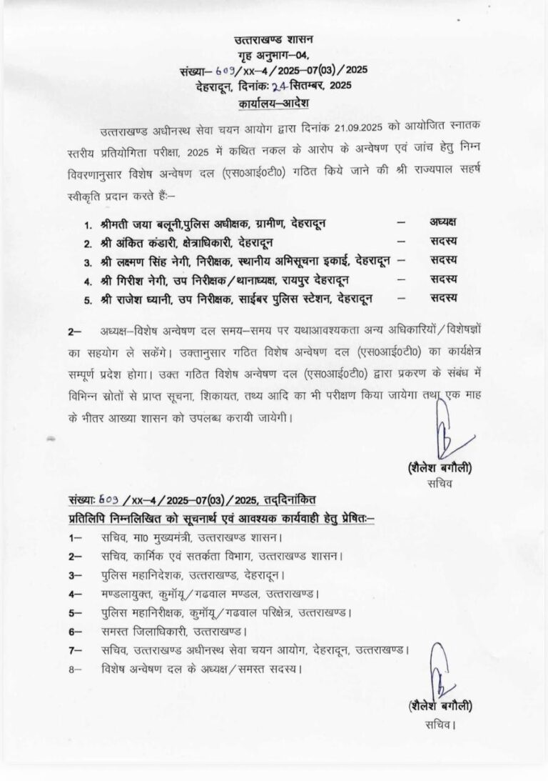 UKSSSC में हुए नकल के कथित आरोप जांच के लिया एसआईटी का हुआ गठन  देहरादून अपर पुलिस अधीक्षक  ग्रामीण जया बलूनी बनी अध्यक्ष  और कौन कौन बना सदस्य ….. जानिए