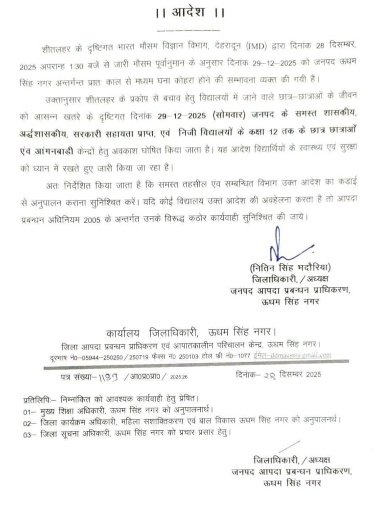 शीतलहर व घने कोहरे का कहर: ऊधम सिंह नगर में 29 दिसंबर को कक्षा 12 तक सभी स्कूल व आंगनबाड़ी बंद