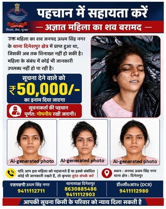 ऊधम सिंह नगर: अज्ञात महिला शव की शिनाख्त के लिए पुलिस ने घोषित किया ₹50,000 का इनाम