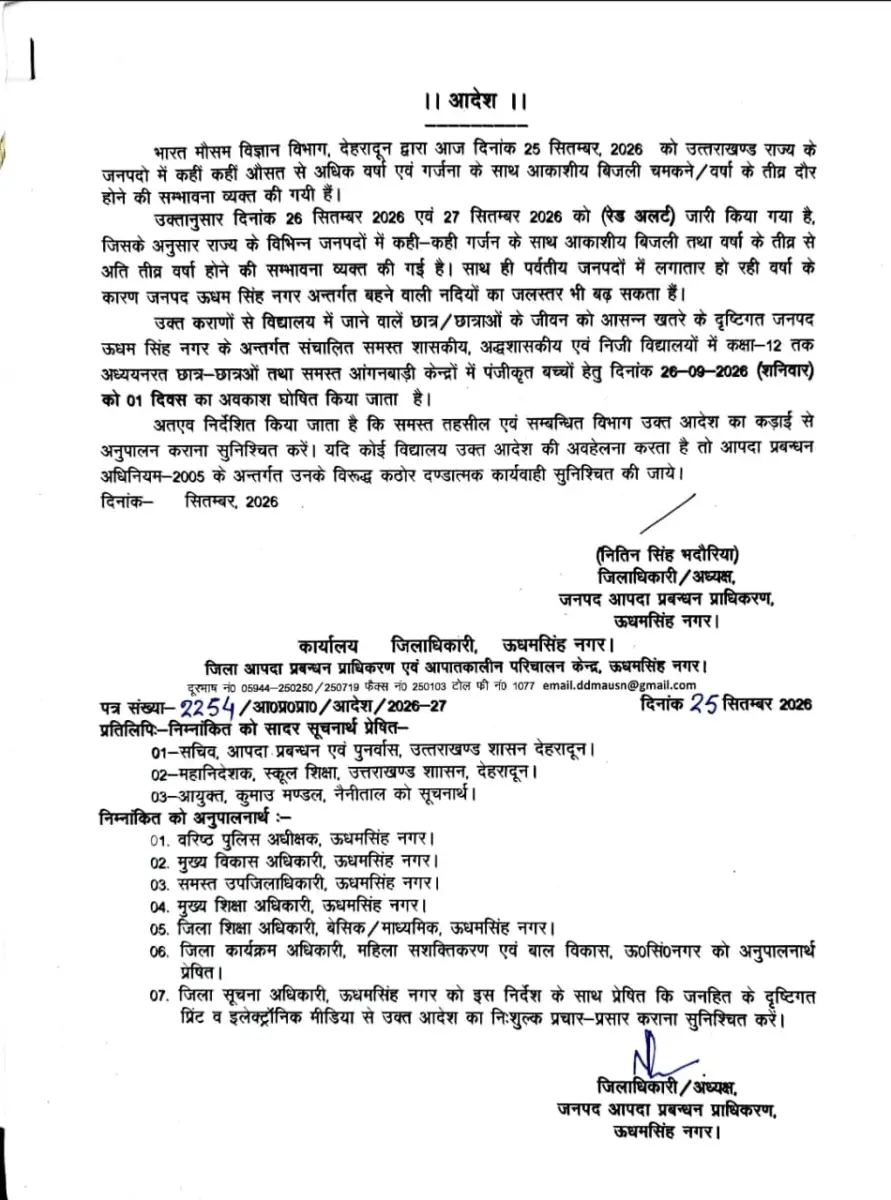 आकाशीय बिजली और अति भारी बारिश का खतरा, ऊधमसिंह नगर में कल स्कूल बंद