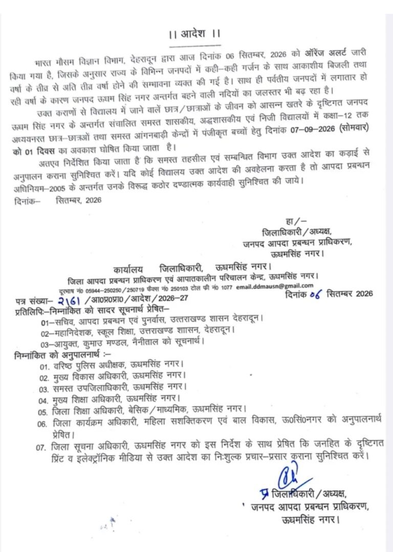 बारिश का कहर: ऊधमसिंह नगर में कल कक्षा 1 से 12 तक के सभी स्कूल बंद